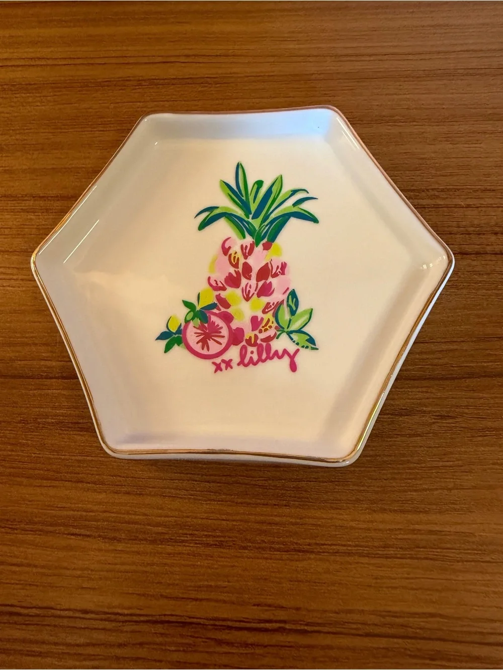 LILLY PULITZER Ceramic Hexagonal TROPICAL PINEAPPLE Trinket Dish 5.5 inches Wide